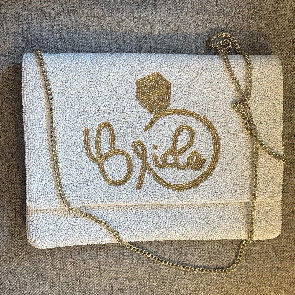 Natasha Couture White and Gold Beaded Clutch